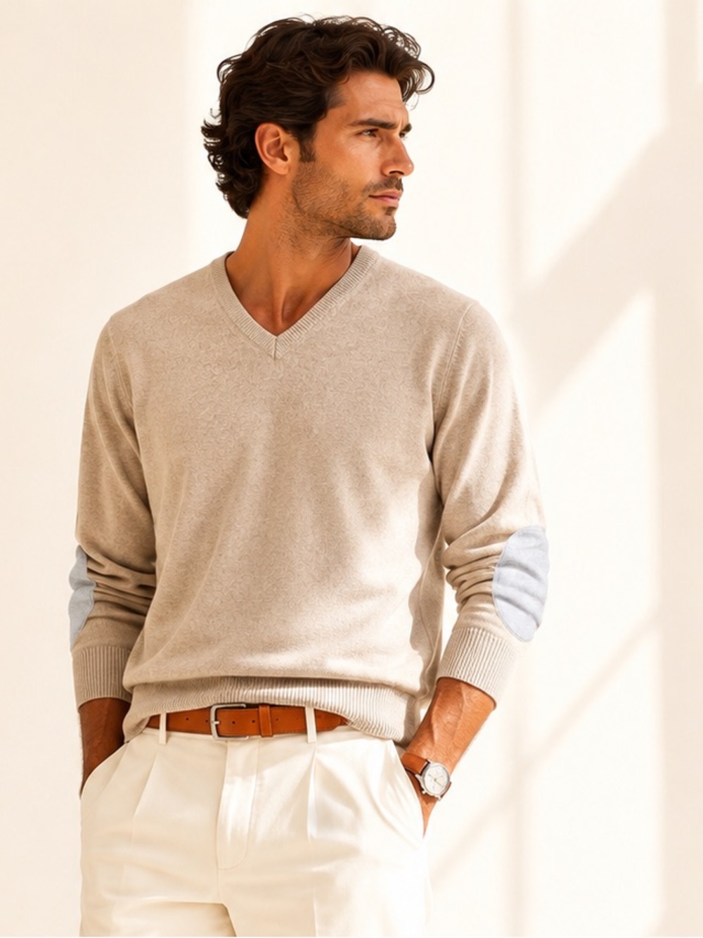 Stenströms Quiet Luxury Merino Wool V Neck Sweater Elbow Patch Sz XXL